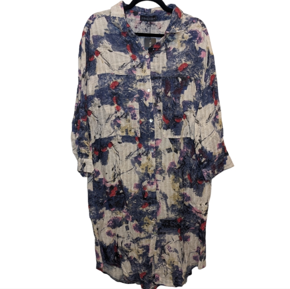 NWT Bella Blue Button Down Shirt Dress Floral Print Size S/M
